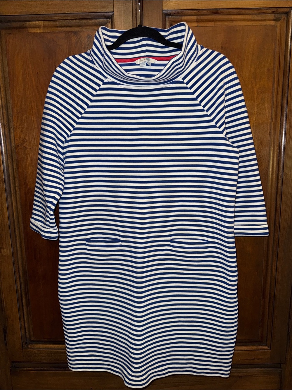 BODEN Funnel Neck Blue and White Striped Shift Dress 3/4 Sleeve size 10 R.